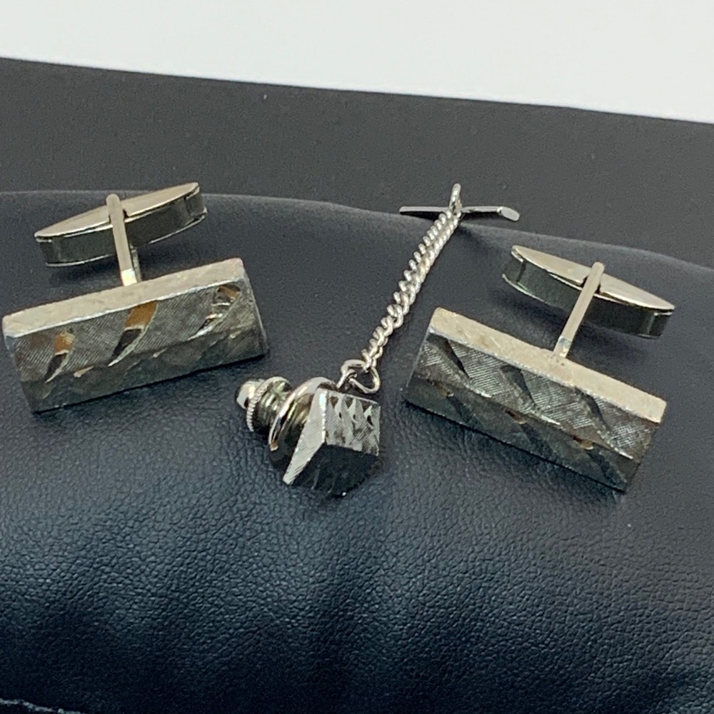 Vintage Silver Tone Textured Bark Pattern Cufflinks and Tie Tack Set Mens Formal